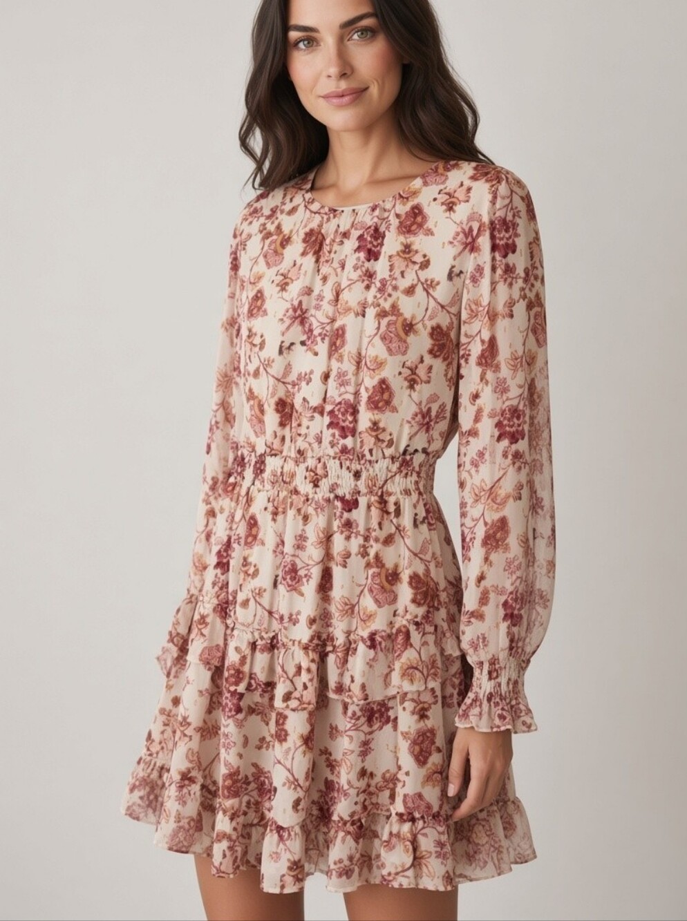 City Vibe Chiffon Floral Mini Dress Long Sleeve Ruffled w Gold Accents Medium
